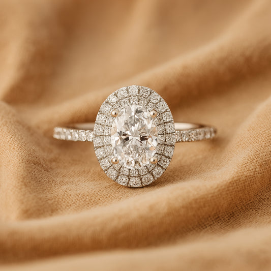 2.50ct Oval Double Halo Moissanite Engagement Ring With Pave Diamond Accents In Gold VVS1 Clarity
