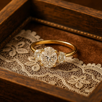 VVS1 Clarity Oval Moissanite Engagement Ring Three Stone Setting Timeless Design
