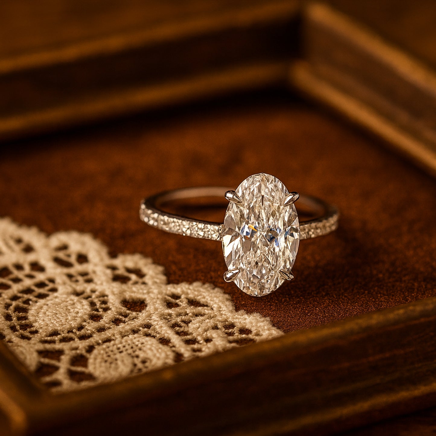 Oval Cut Moissanite Ring VVS1 Clarity Diamond Alternative With Pave Band Setting
