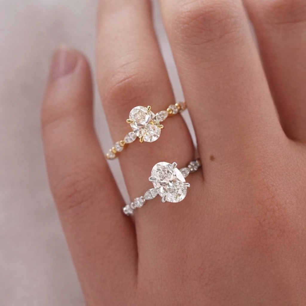 Gold Side Rings Oval Side Stone Engagement Ring