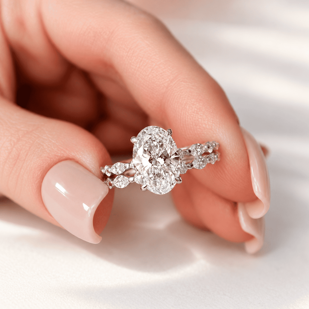 Close-up of a hand with soft pink manicured nails holding a white gold oval diamond ring stacked with a marquise and round diamond band.