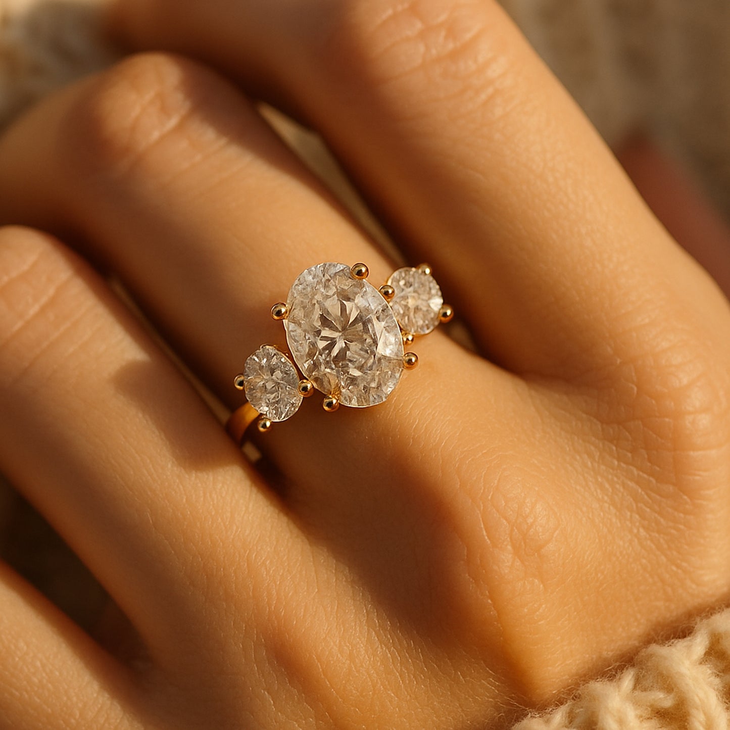 Elegant Oval Moissanite Engagement Ring With Three Stone Setting Ethical Alternative VVS1
