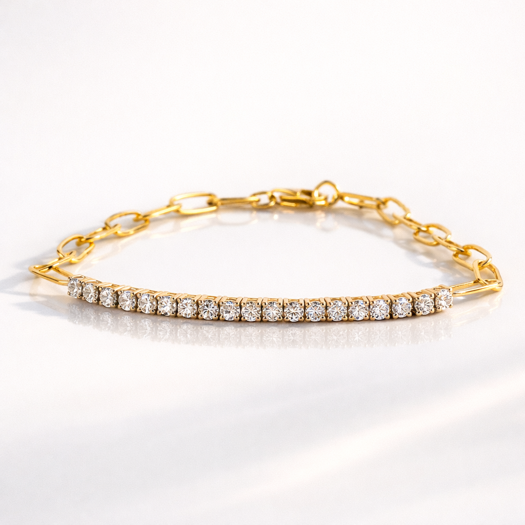 Gold paperclip bracelet with diamond accents

