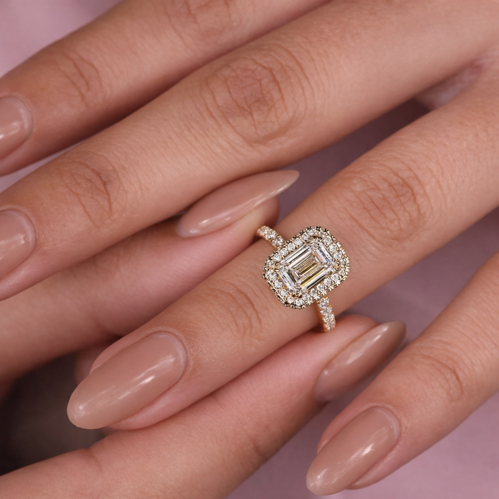 Yellow Gold Emerald Cut Halo Engagement Ring