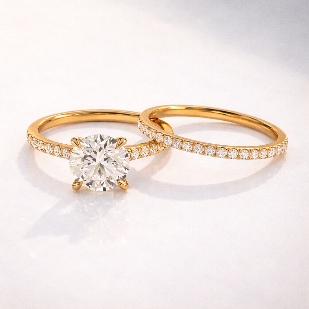 Round cut diamond ring with pave wedding band
