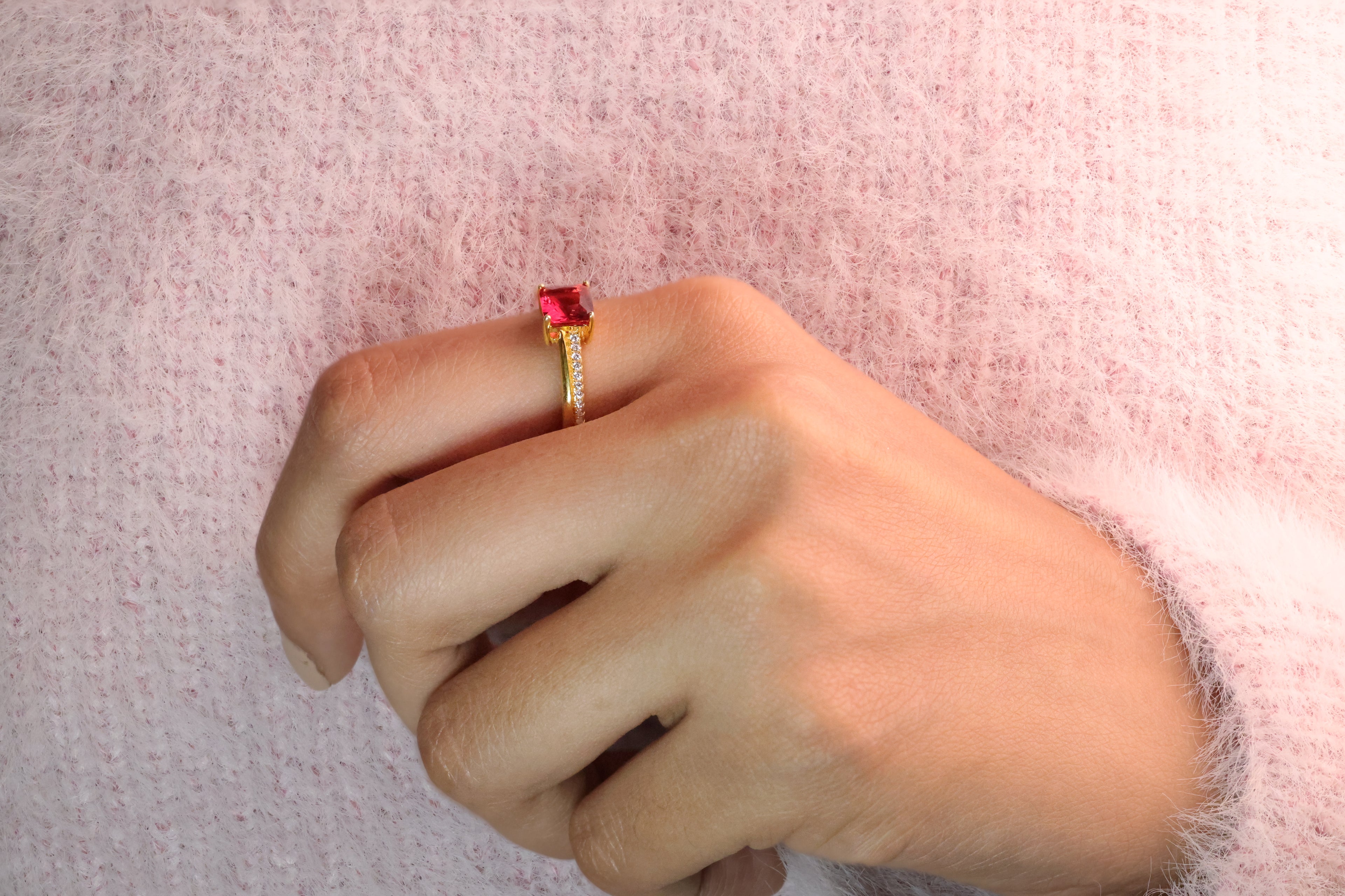 Ruby Diamond Center Stone Princess Cut Engagement Ring July Birthstone Ring.
