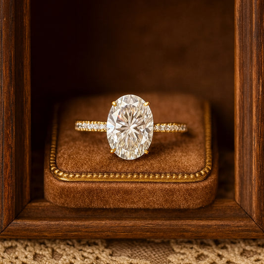 2ct Oval Cut Moissanite Engagement Ring With Pave Diamond Band In Gold VVS1 Clarity
