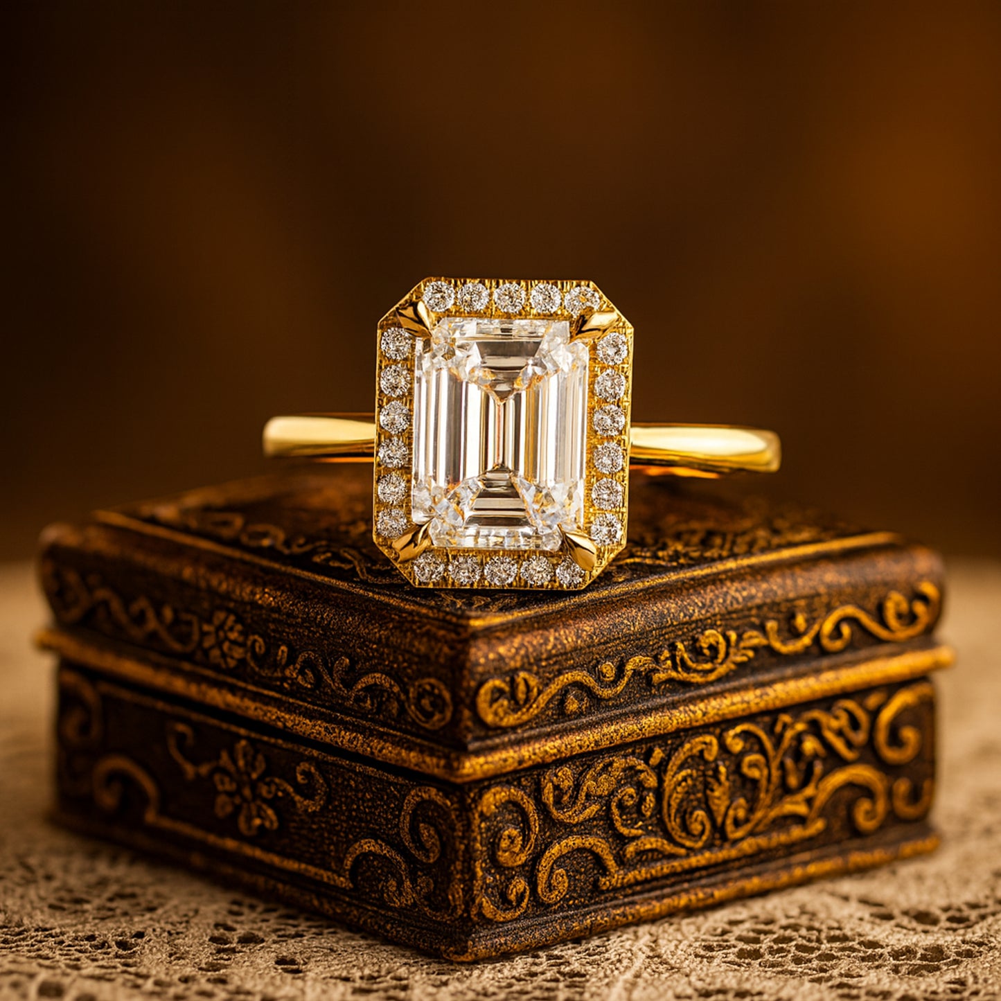Modern Solitaire Emerald Cut Moissanite Engagement Ring With Halo Of Brilliant Diamond Alternative Stones