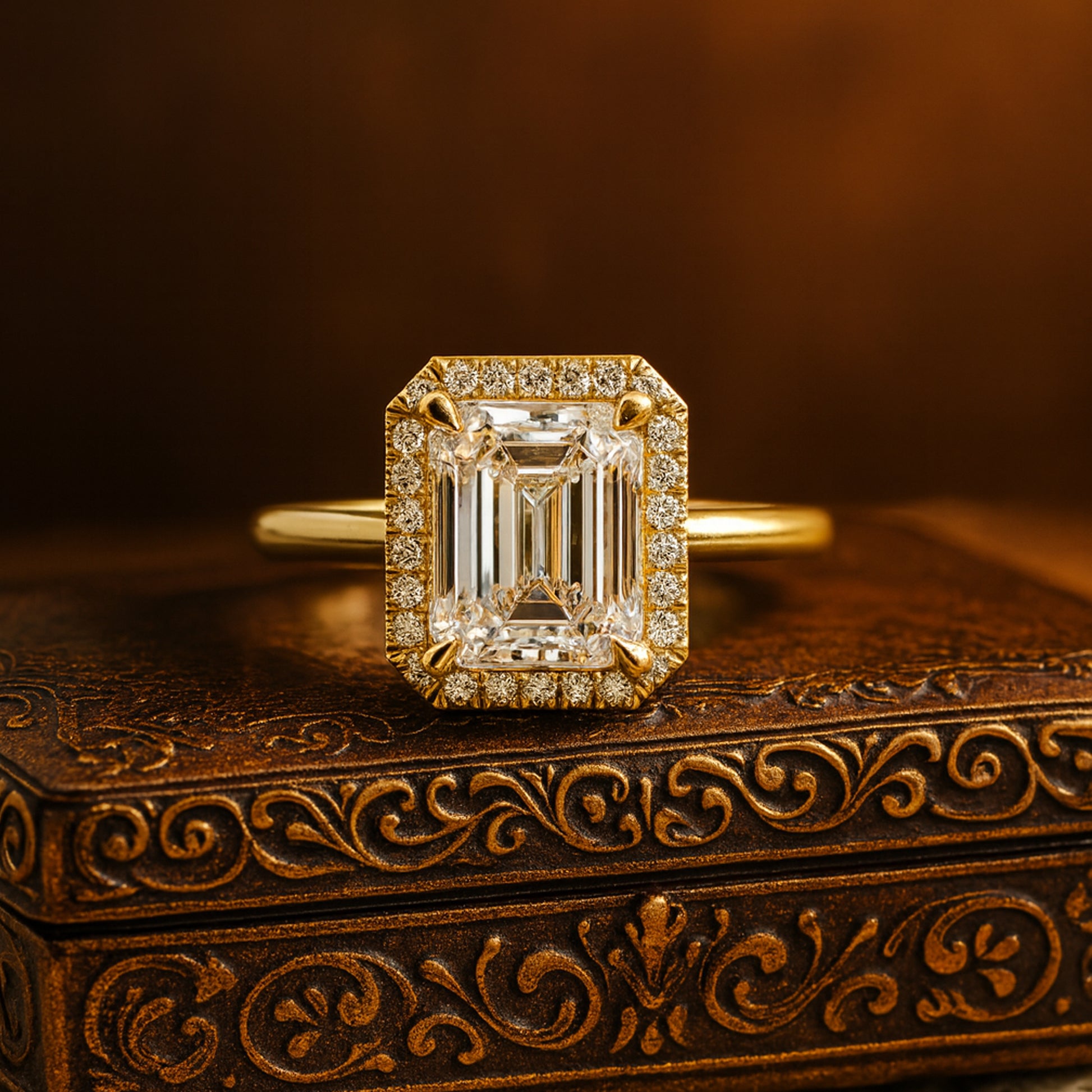 Timeless Emerald Cut Moissanite Halo Ring Crafted In Yellow Gold With Sparkling Accent Stonesd