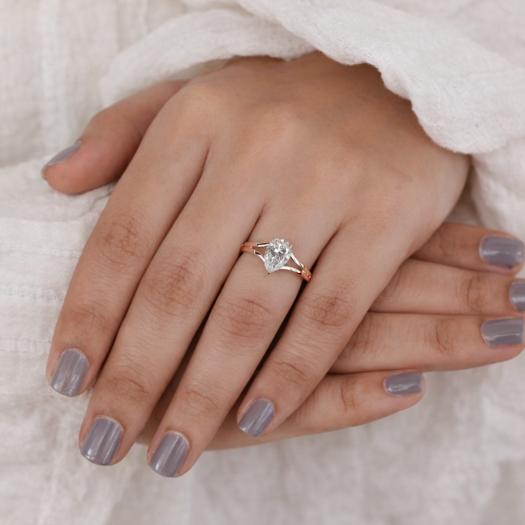Hidden Halo Engagement Ring Featuring Pear Shaped Lab Grown Diamond Ring
