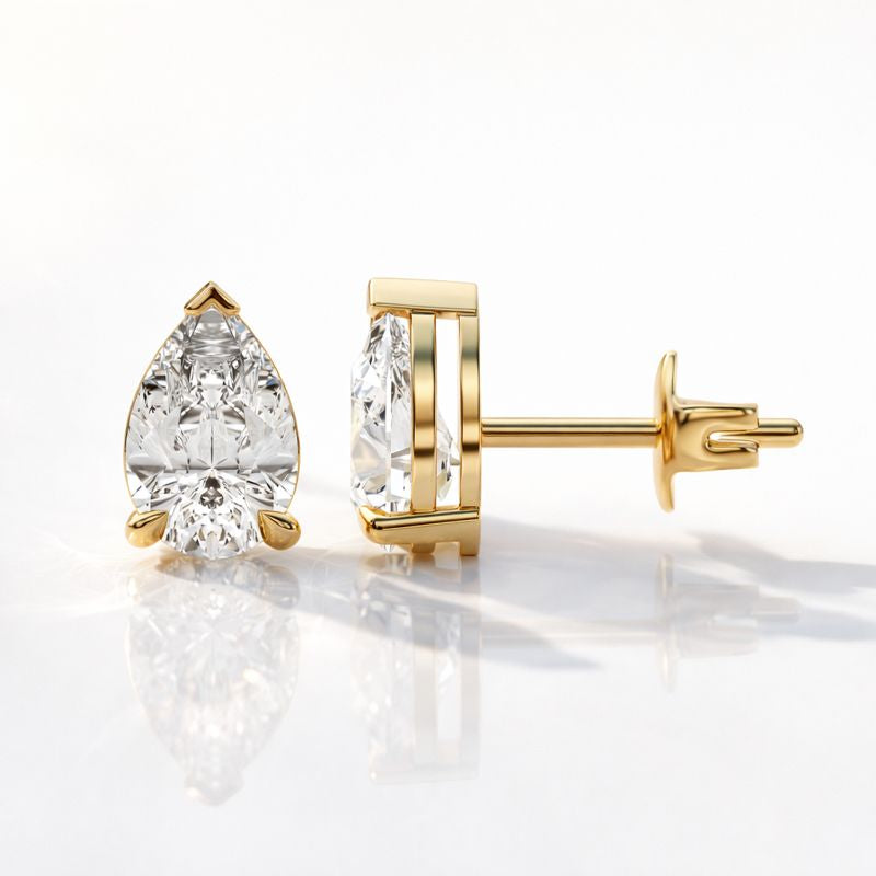 Pear Shaped Diamond Earrings V Prong And Claw Prong Setting Yellow Gold Earrings.
