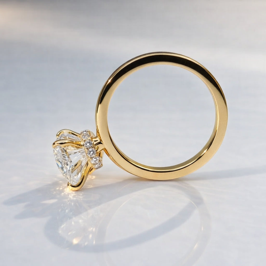 Pear Ring With Round Cut Hidden Halo And Elegant Yellow Gold Band
