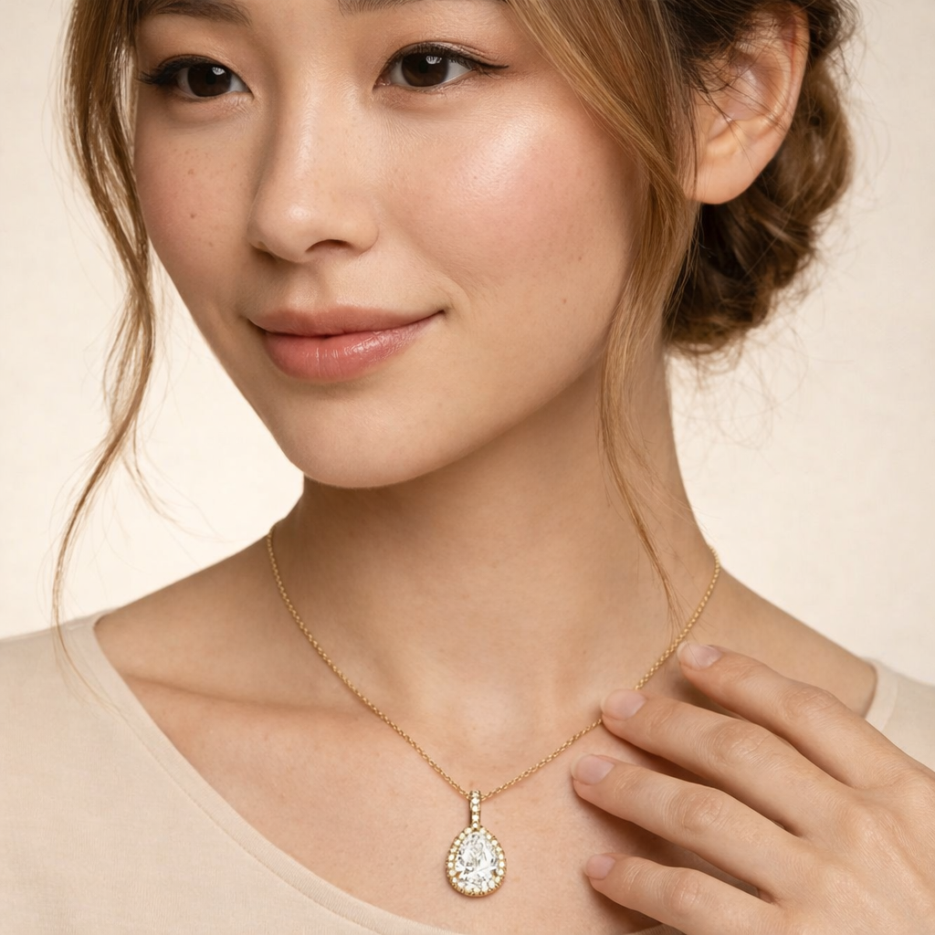 Stunning Pear-Cut Diamond Pendant In Gold With A Round Halo Design.
