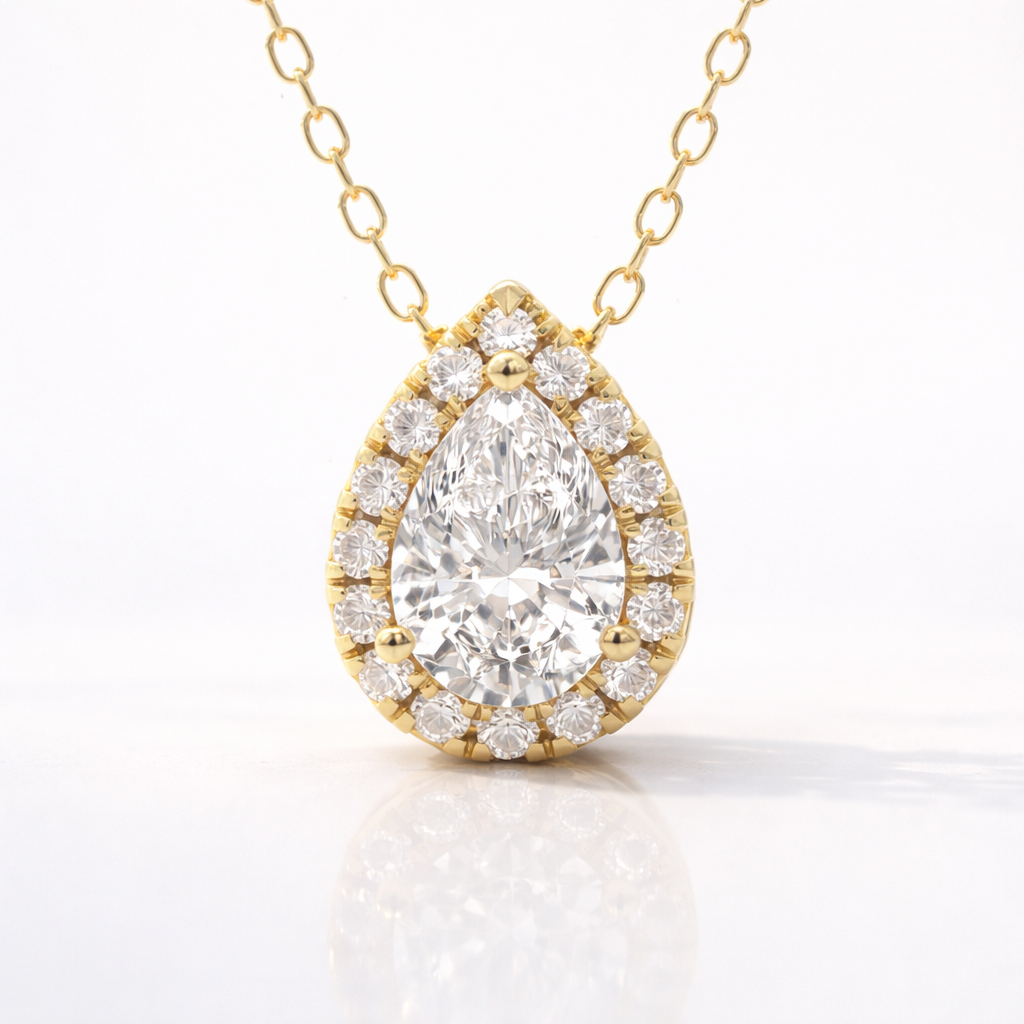 Pear Halo Pendant In Yellow Gold With Round Cut Halo Setting
