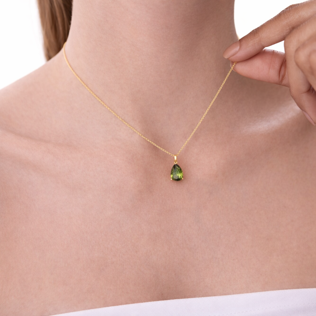 Pear Shaped Peridot Pendant Solitaire Pendant Round Prong Setting

