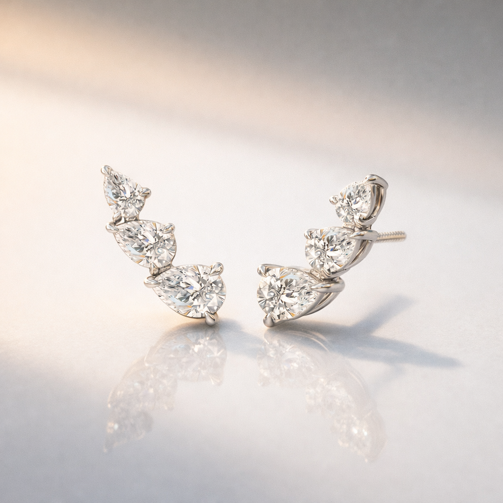 Luxury Pear Diamond Stud Earrings With Three Stone Design
