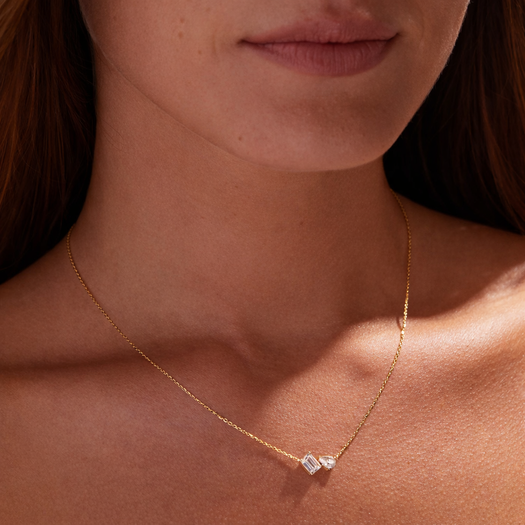 Gold Diamond Pendant With Pear And Emerald Cut Pendant In Round Prong Setting

