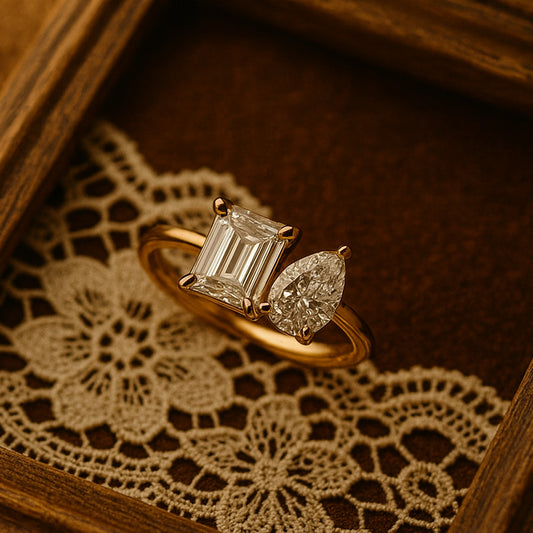 Stunning Pear And Emerald Cut Moissanite Engagement Ring, Double Stone Design With Brilliant Shine For Modern Brides