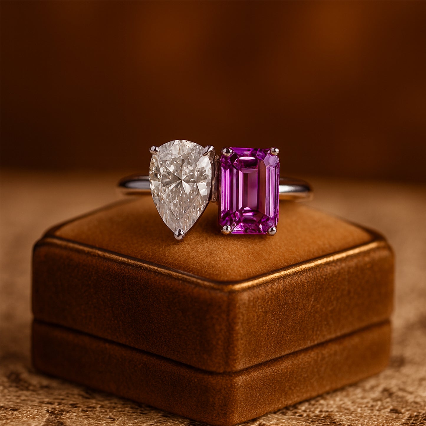 Pear Cut Diamond And Emerald Cut Purple Sapphire Two Stone Ring - Unique Toi Et Moi Design