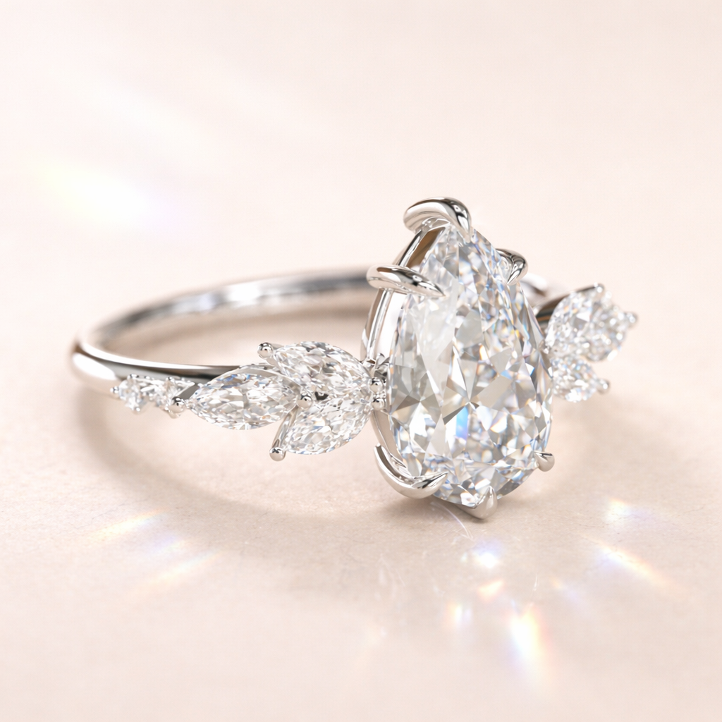 Nature Inspired Teardrop Engagement Ring With Side Stone Accents
