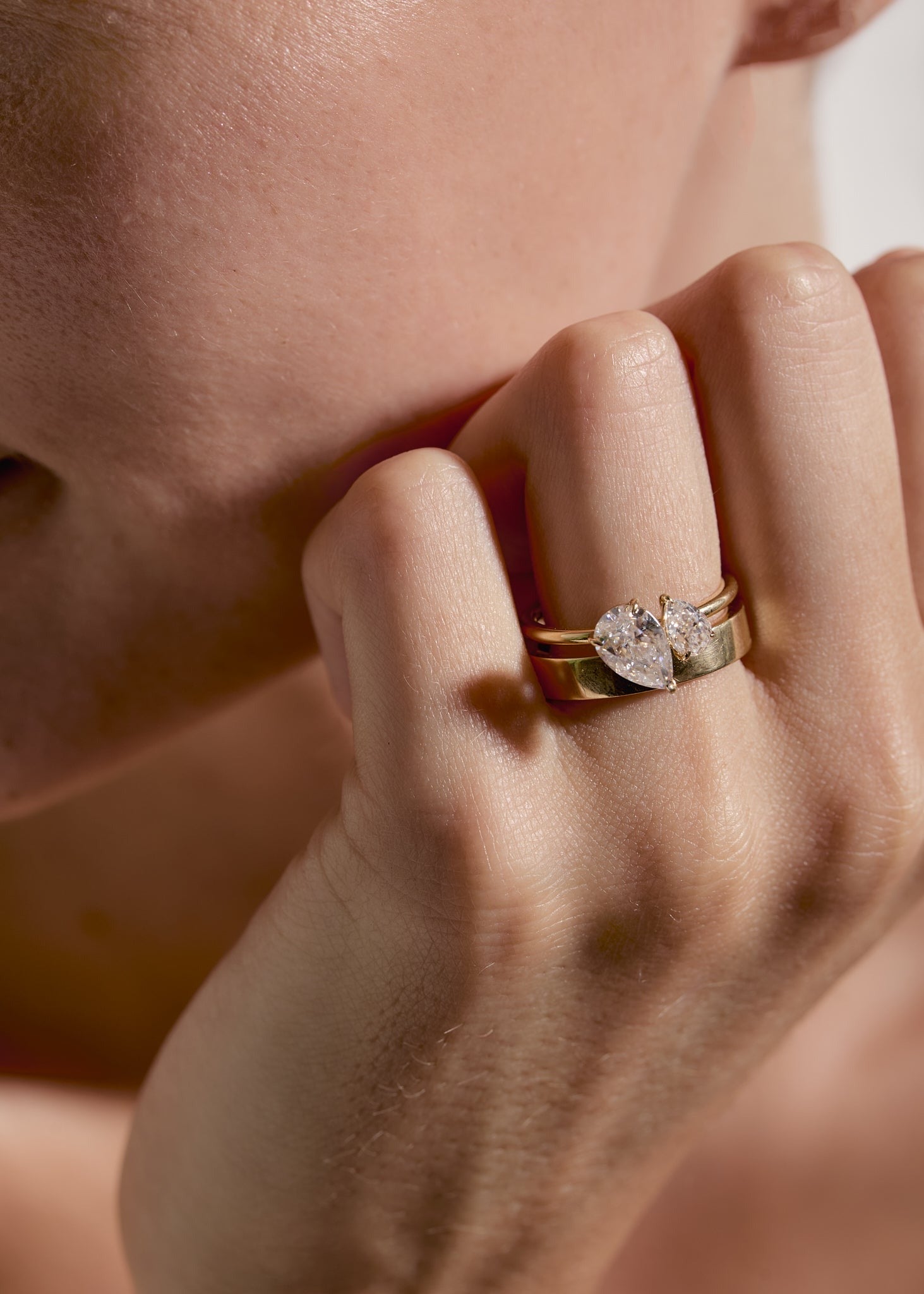 Toi Et Moi Ring Two Stone Pear Cut Diamond Yellow Gold Setting.
