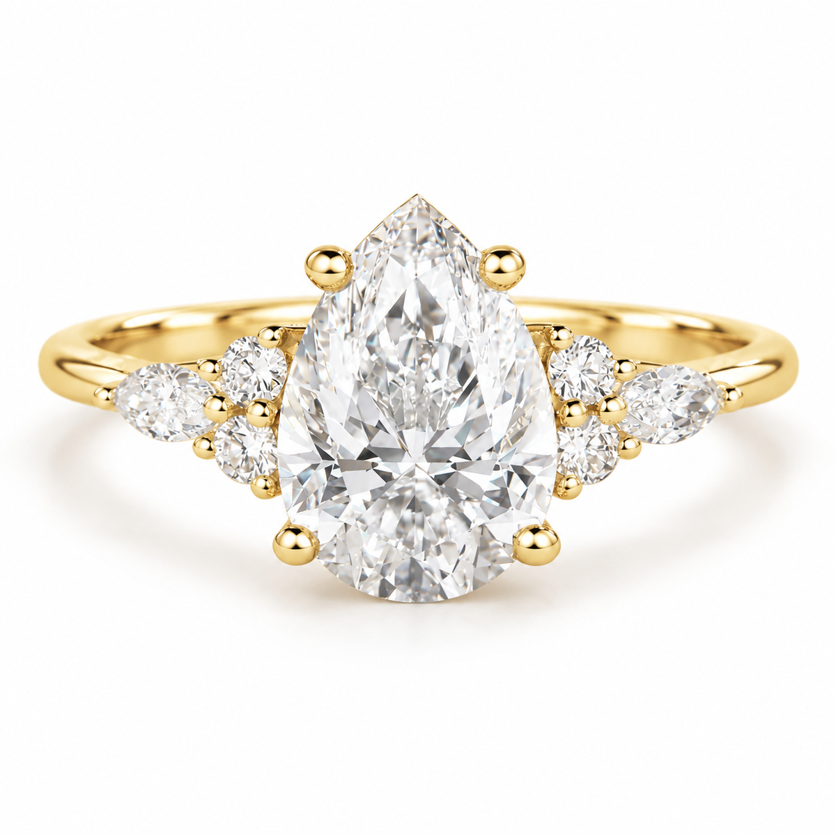 Elegant pear shaped moissanite diamond engagement ring with polished yellow gold band, marquise side stones, round diamond accents, and classic bridal jewelry design.