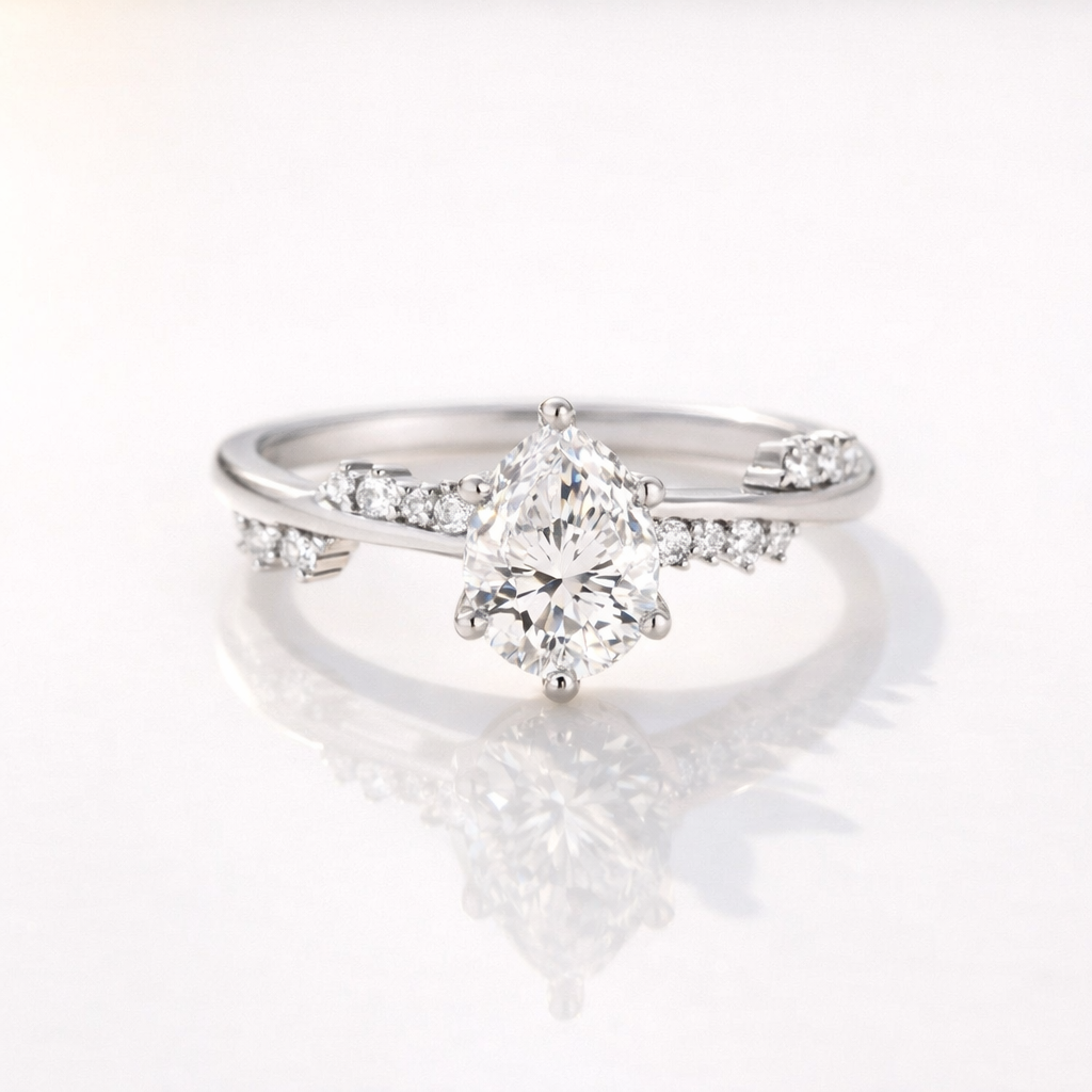 Pear Cut Moissanite Ring 6 Round Prong Setting Nature Inspired Engagement Ring.

