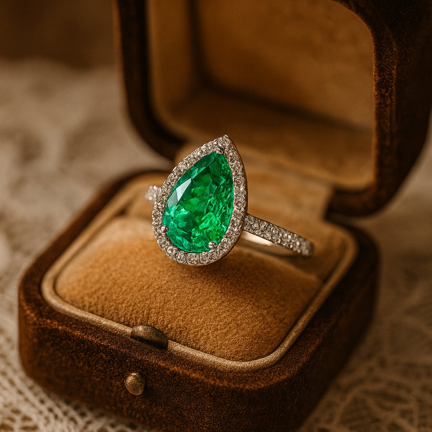 Pear-Cut Emerald Halo Engagement Ring In White Gold On Vintage Jewelry