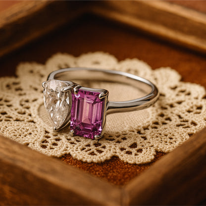 Two Stone Ring Close-Up Showing Pear Diamond And Purple Sapphire - Premium Quality By Diiro