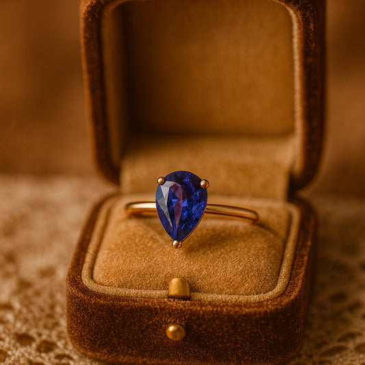 Pear Shaped Blue Moissanite Ring VVS1 Clarity Sapphire Alternative Diamond Alternative In White Gold Yellow Gold
