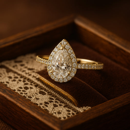 18K Yellow Gold Pear Shaped Moissanite Ring With Halo And Pave Style Design Offering Diamond-Like Brilliance For Engagements