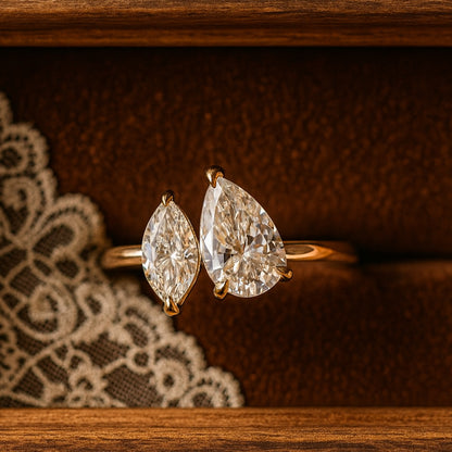 Unique Toi Et Moi Moissanite Ring Featuring Pear And Marquise Cuts, Timeless Engagement Ring Choice