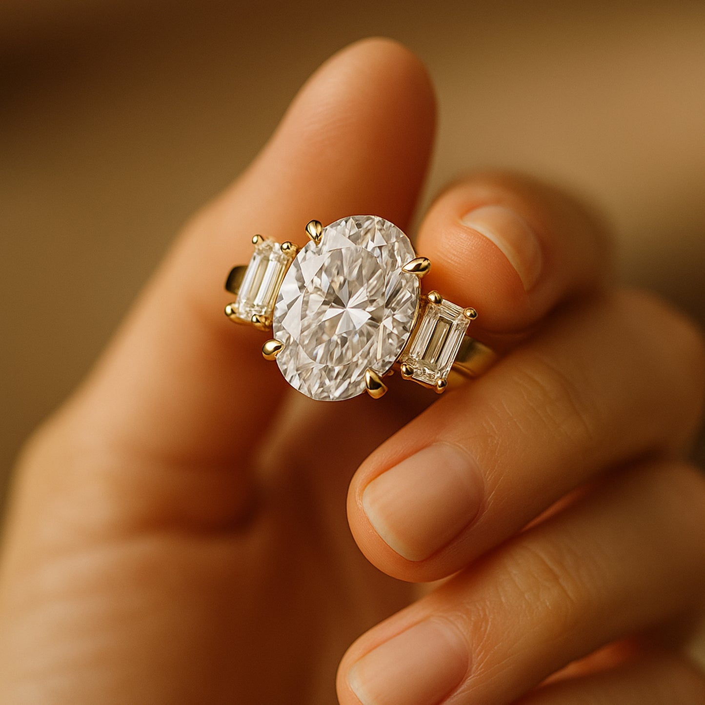 18K Yellow Gold Oval Diamond Engagement Ring With Side Stones