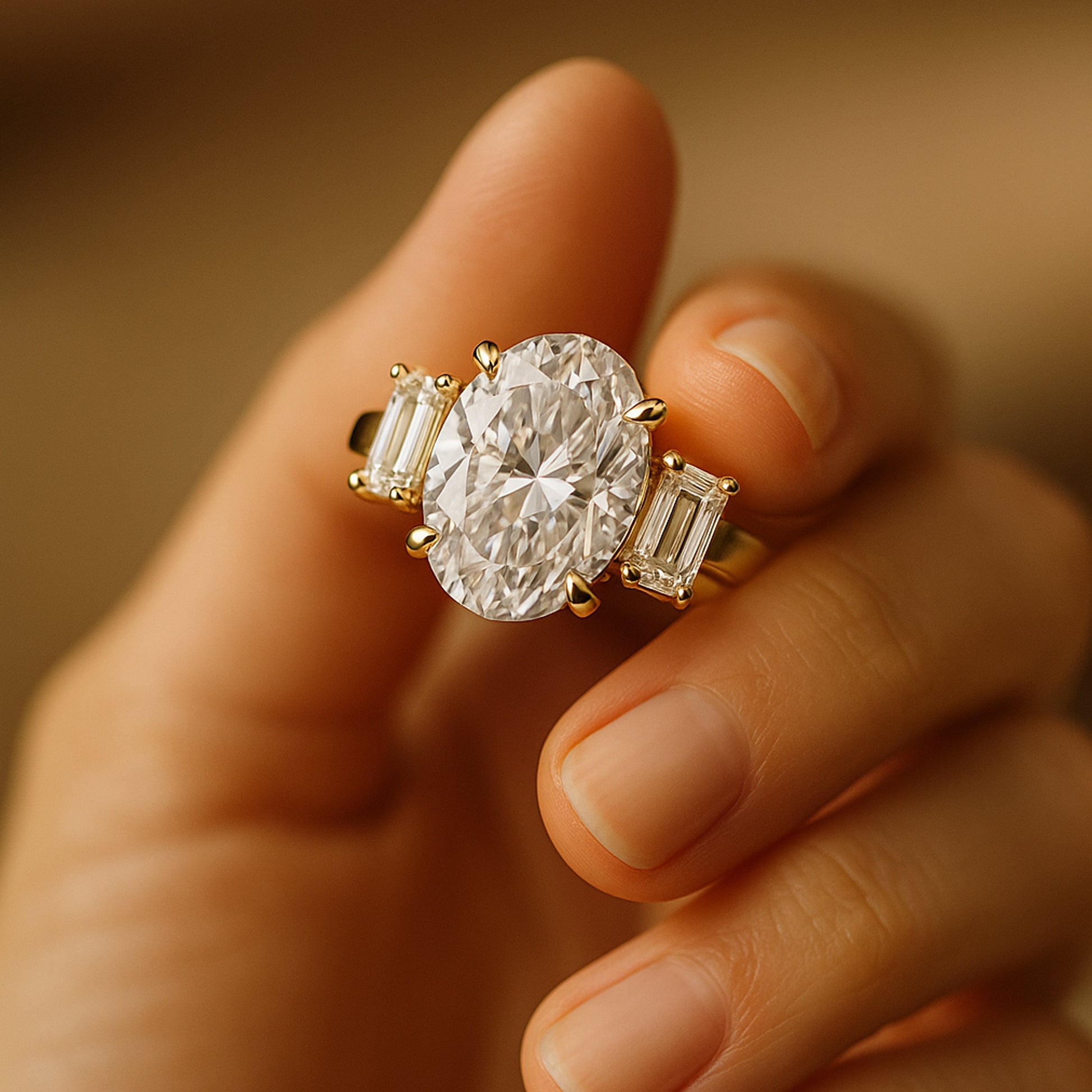 18K Yellow Gold Oval Diamond Engagement Ring With Side Stones