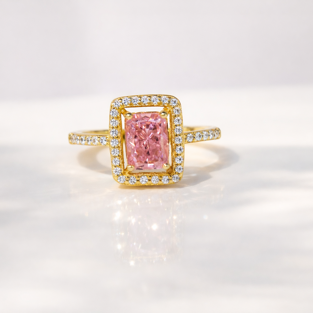 Pink Sapphire Ring Radiant Cut Diamond Ring Yellow Gold Engagement Ring.
