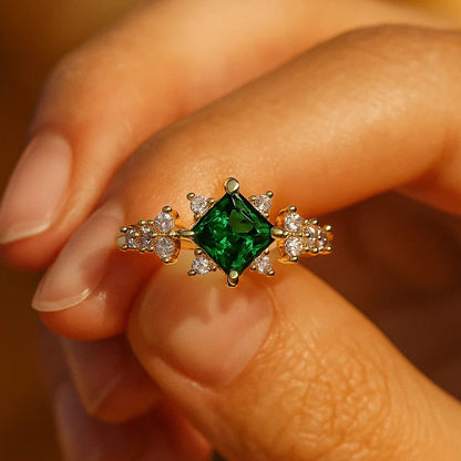 Princess Cut Green Emerald And Diamond Engagement Ring In 18K Yellow Gold With Vintage Inspired Design