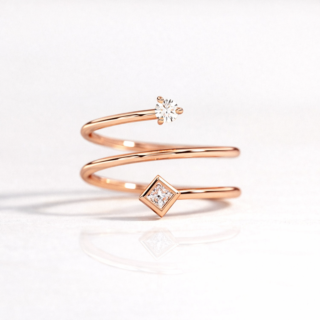 Spiral Diamond Ring Round And Princess Cut Diamond Ring Gold Band.
