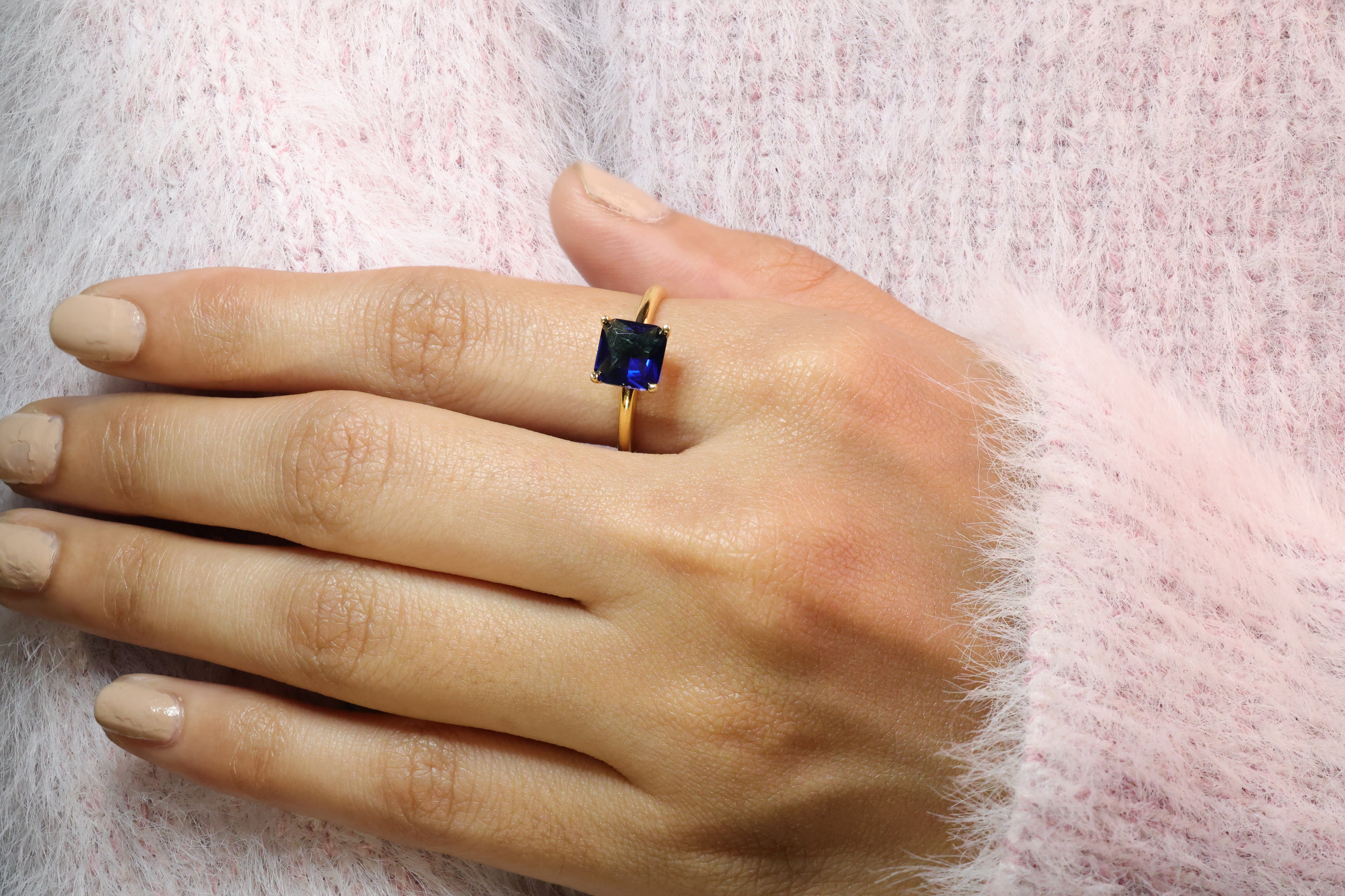 Solitaire Engagement Ring Moissanite Sapphire Ring Yellow Gold Band.
