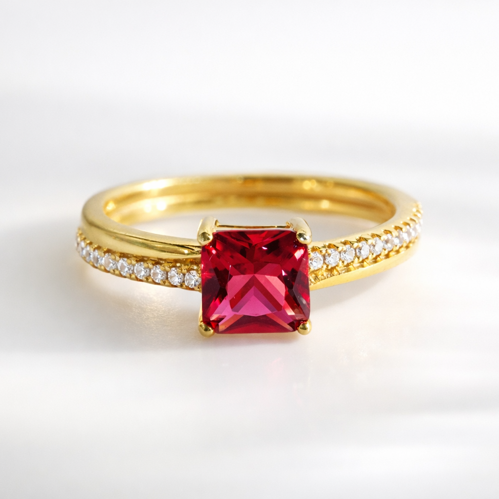 Princess Cut Ruby Ring 4 Round Prong Two Row Pave Band Yellow Gold.
