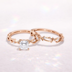 Princess Cut Bridal Set Nature Inspired Engagement Ring Twisted Band Yellow Gold.
