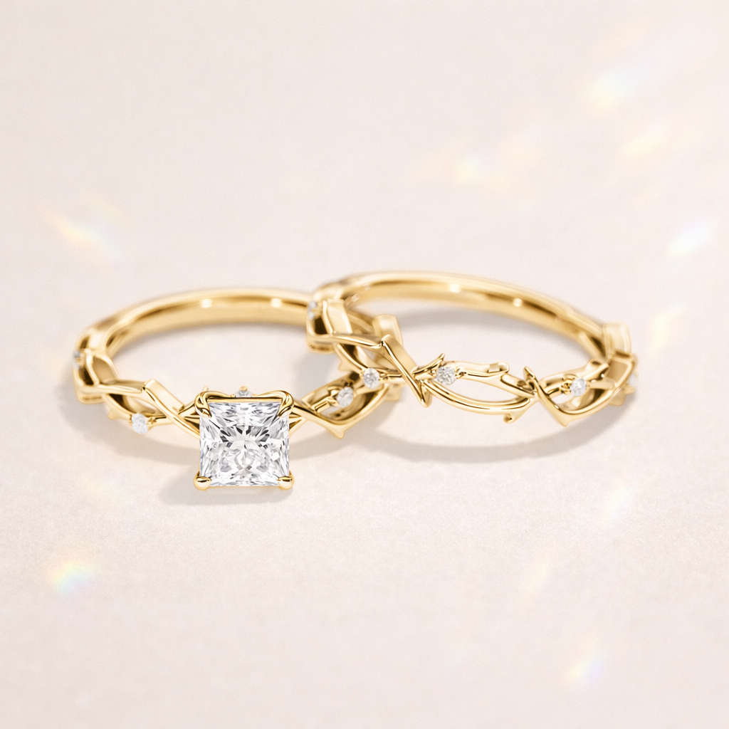 Nature Inspired Engagement Ring Rose Gold Bridal Set Crossover Wedding Band Style.
