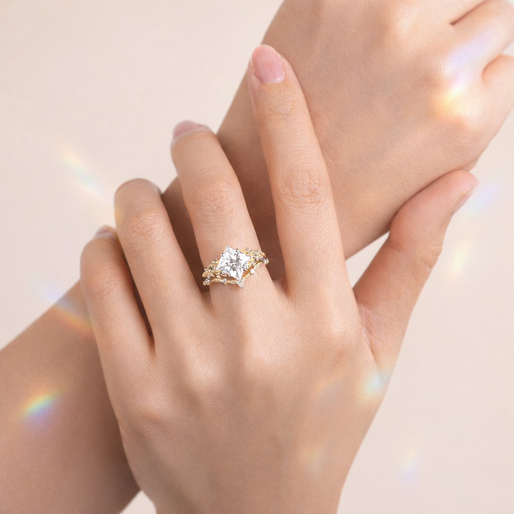 2 Carat Princess Cut Ring Nature Inspired Bridal Set Yellow Gold Leaf Band.
