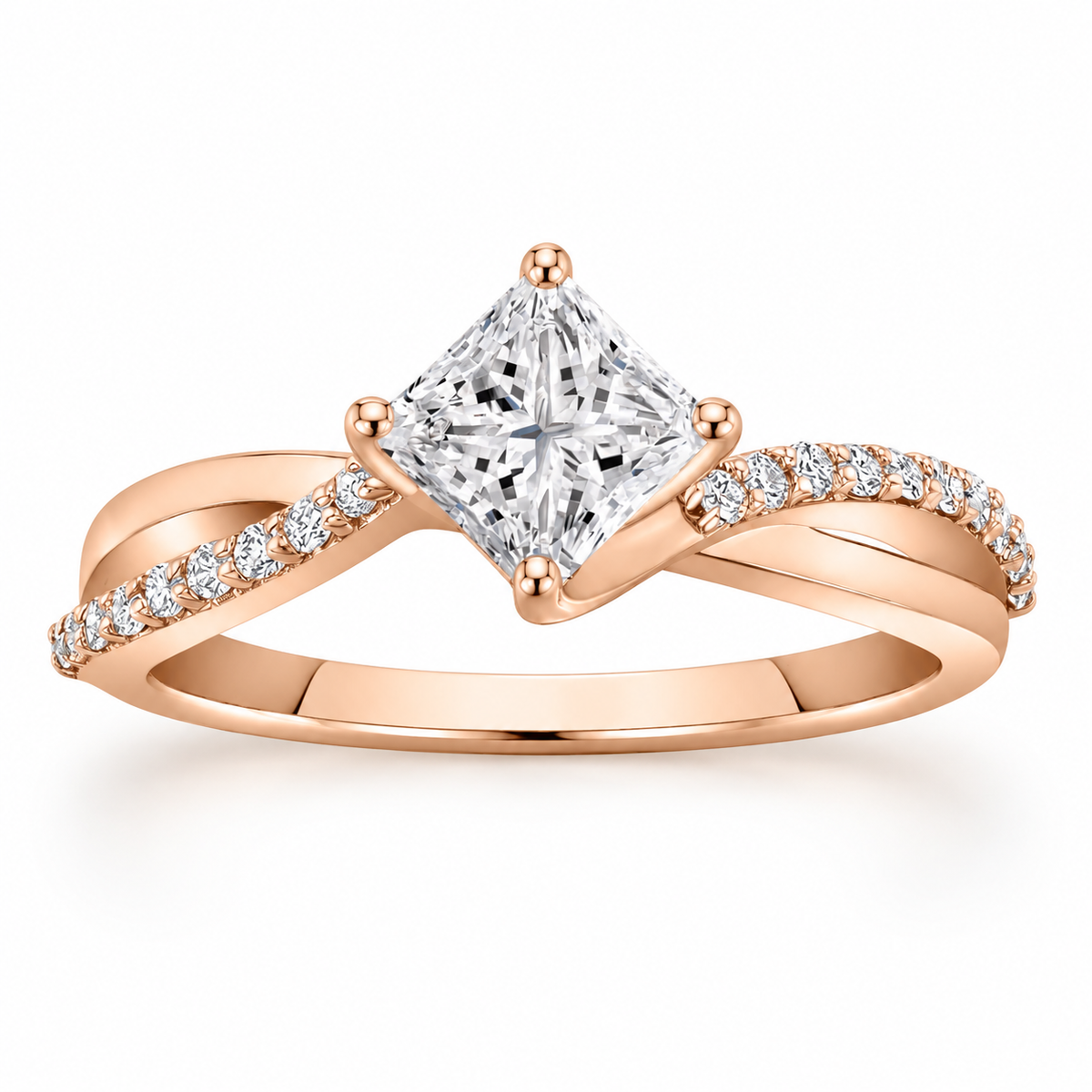 Polished silver princess cut diamond engagement ring with twisted pavé diamond band, four prong setting, sparkling square center stone, and elegant modern bridal jewelry design.