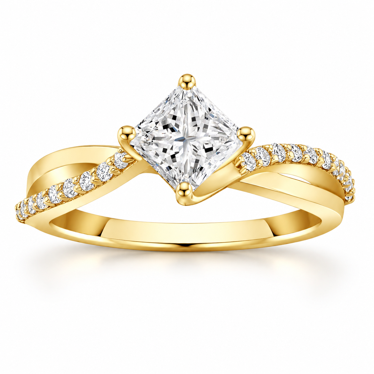 18K yellow gold princess cut diamond engagement ring with twisted pavé diamond band, four prong setting, sparkling square center stone, and polished luxury gold finish.