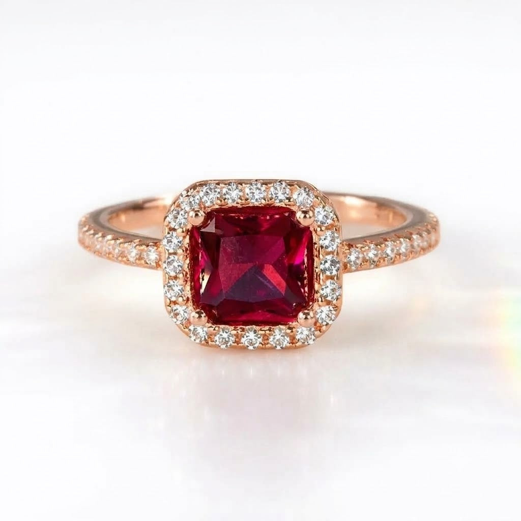 A rose gold ring featuring a cushion-cut deep red ruby center stone surrounded by a double halo of small clear pavé diamonds, with the band also paved with diamonds, set against a clean white background.