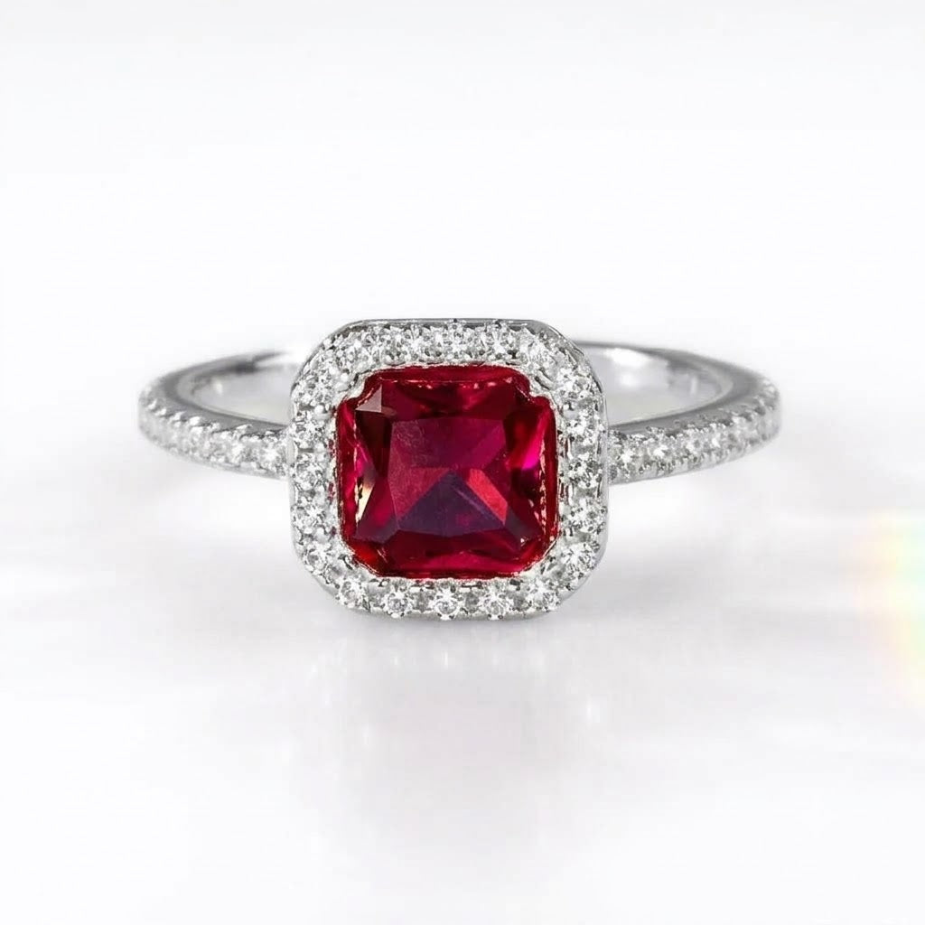 A silver-toned halo ring featuring a cushion-cut red gemstone center stone surrounded by a halo of small clear stones, set against a clean white background.