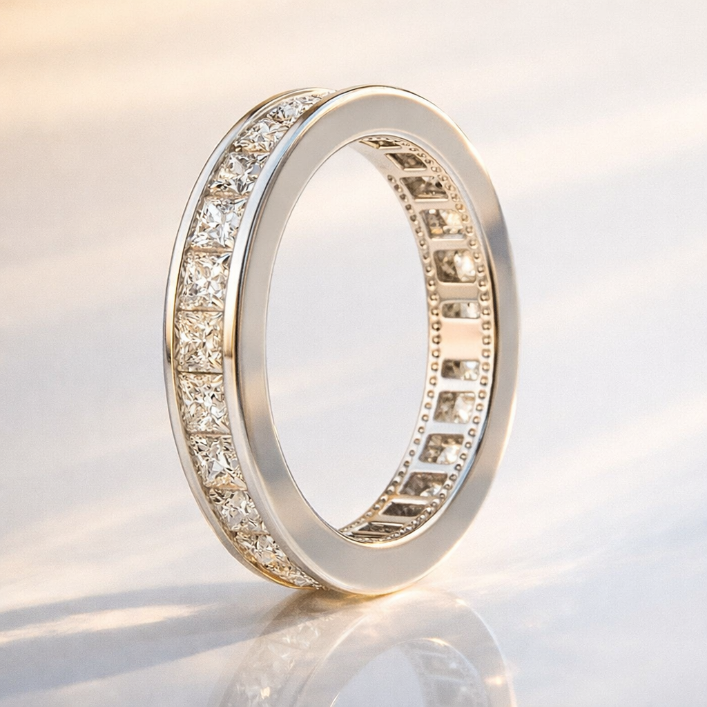 Eternity Band Wedding Ring Channel Set Princess Cut Wedding Band Milgrain Band.
