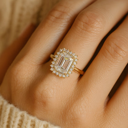 Double Halo Emerald Moissanite Engagement Ring - Stunning Cocktail Or Wedding Band In Gold Or Silver