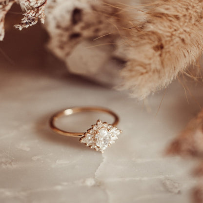 Moissanite Oval Cut Cluster Ring, Marquise & Baguette 14K Gold Engagement Fine Jewelry 