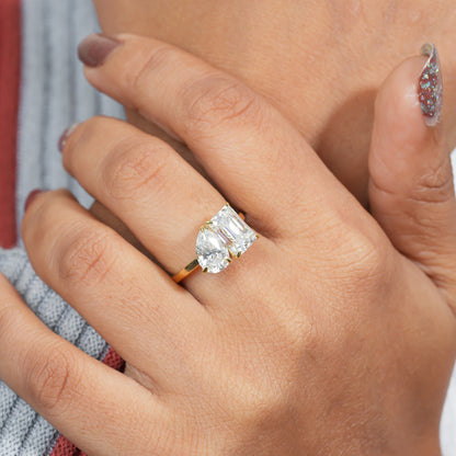Two-Stone Moissanite Ring, Toi Et Moi Emerald & Pear Yellow Gold Engagement Fine Jewelry